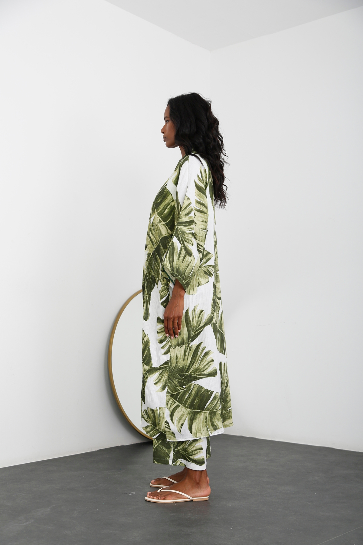 Yeşil Yaprak Desenli Kimono Takım 