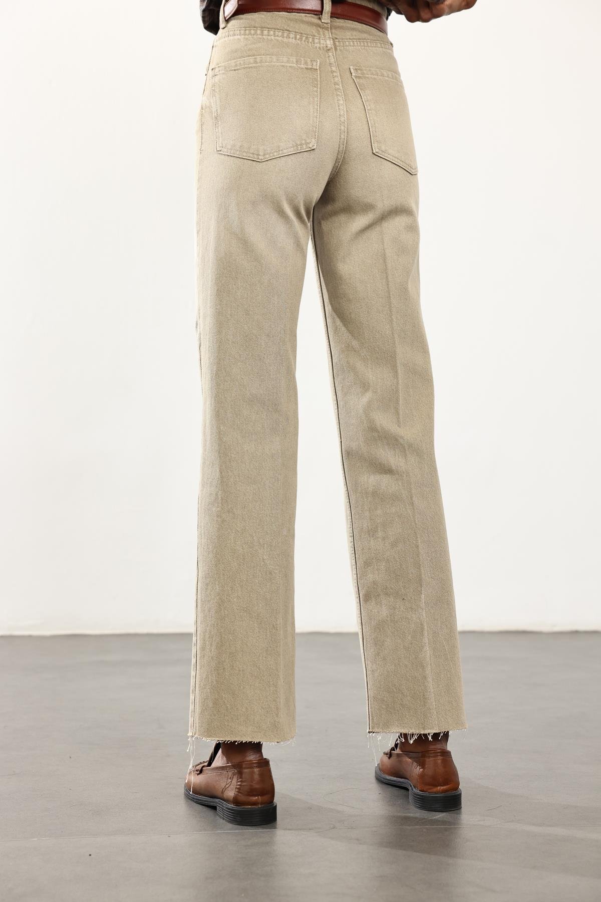 Yıkamalı Haki Yüksek Bel Straight Jean 