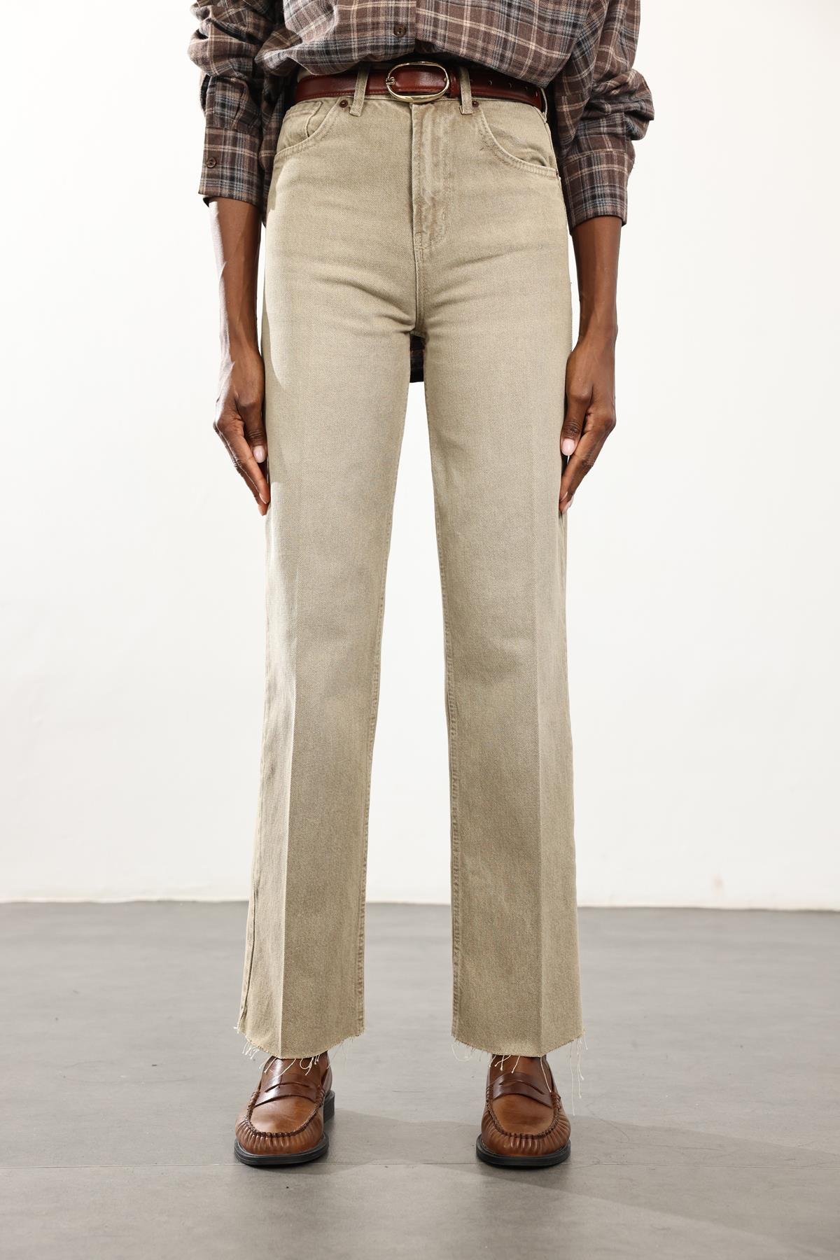 Yıkamalı Haki Yüksek Bel Straight Jean 