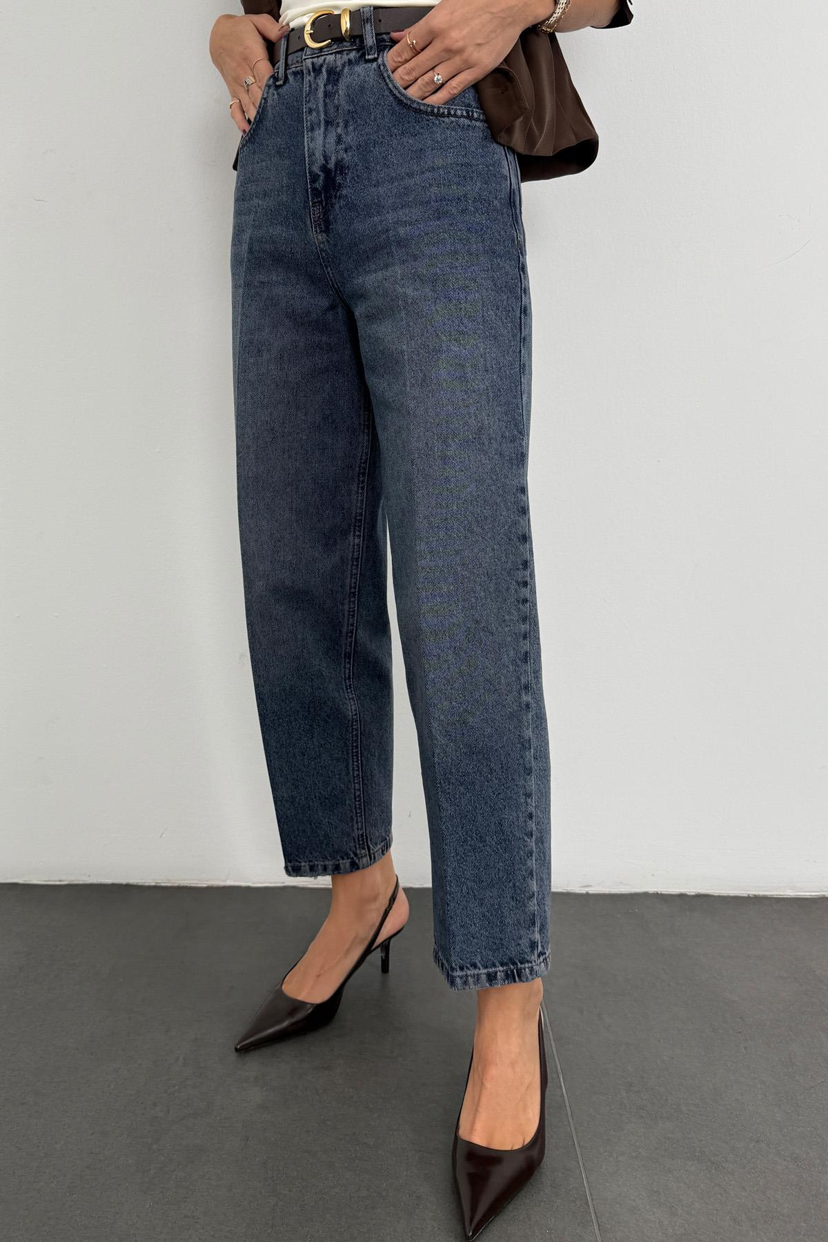 Yıkamalı Mavi Yüksek Bel Baggy Jean RM3004