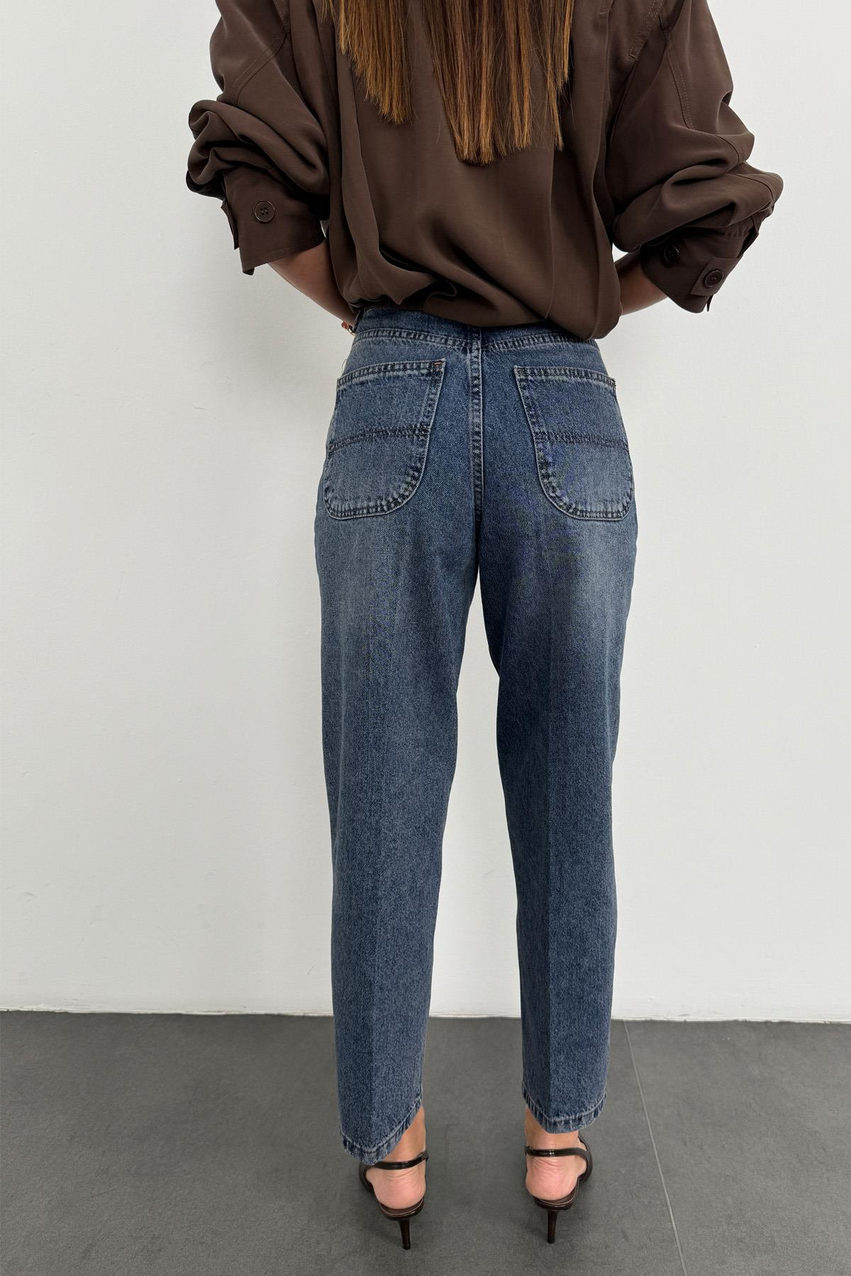 Yıkamalı Mavi Yüksek Bel Baggy Jean RM3004