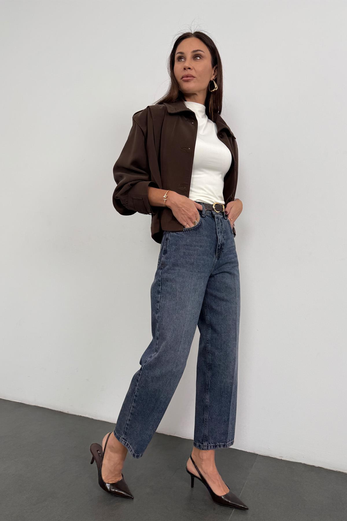 Yıkamalı Mavi Yüksek Bel Baggy Jean RM3004