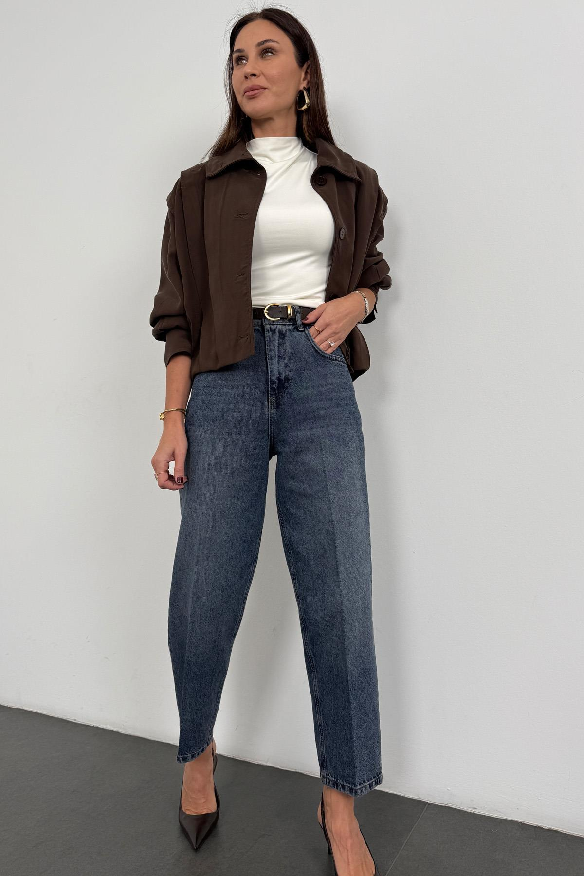 Yıkamalı Mavi Yüksek Bel Baggy Jean RM3004