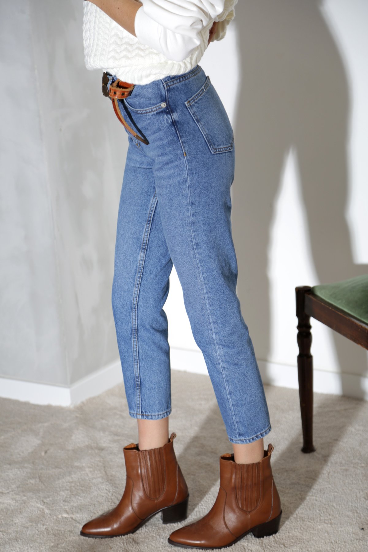 Yıkamalı Mavi Yüksek Bel Mom Fit