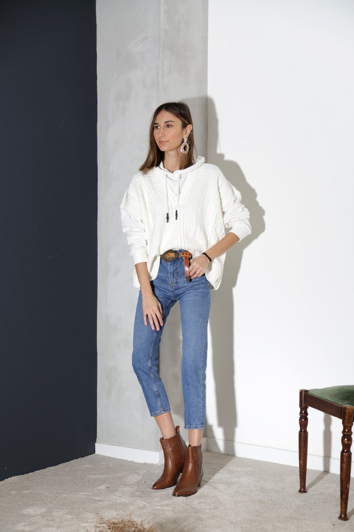 Yıkamalı Mavi Yüksek Bel Mom Fit