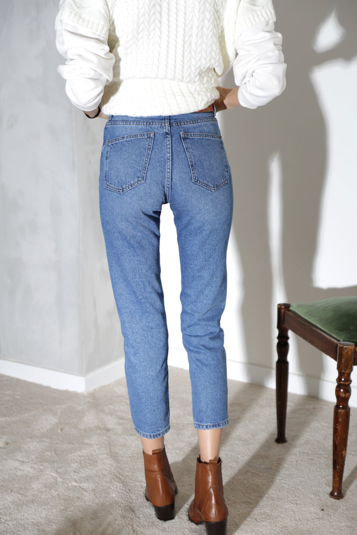 Yıkamalı Mavi Yüksek Bel Mom Fit