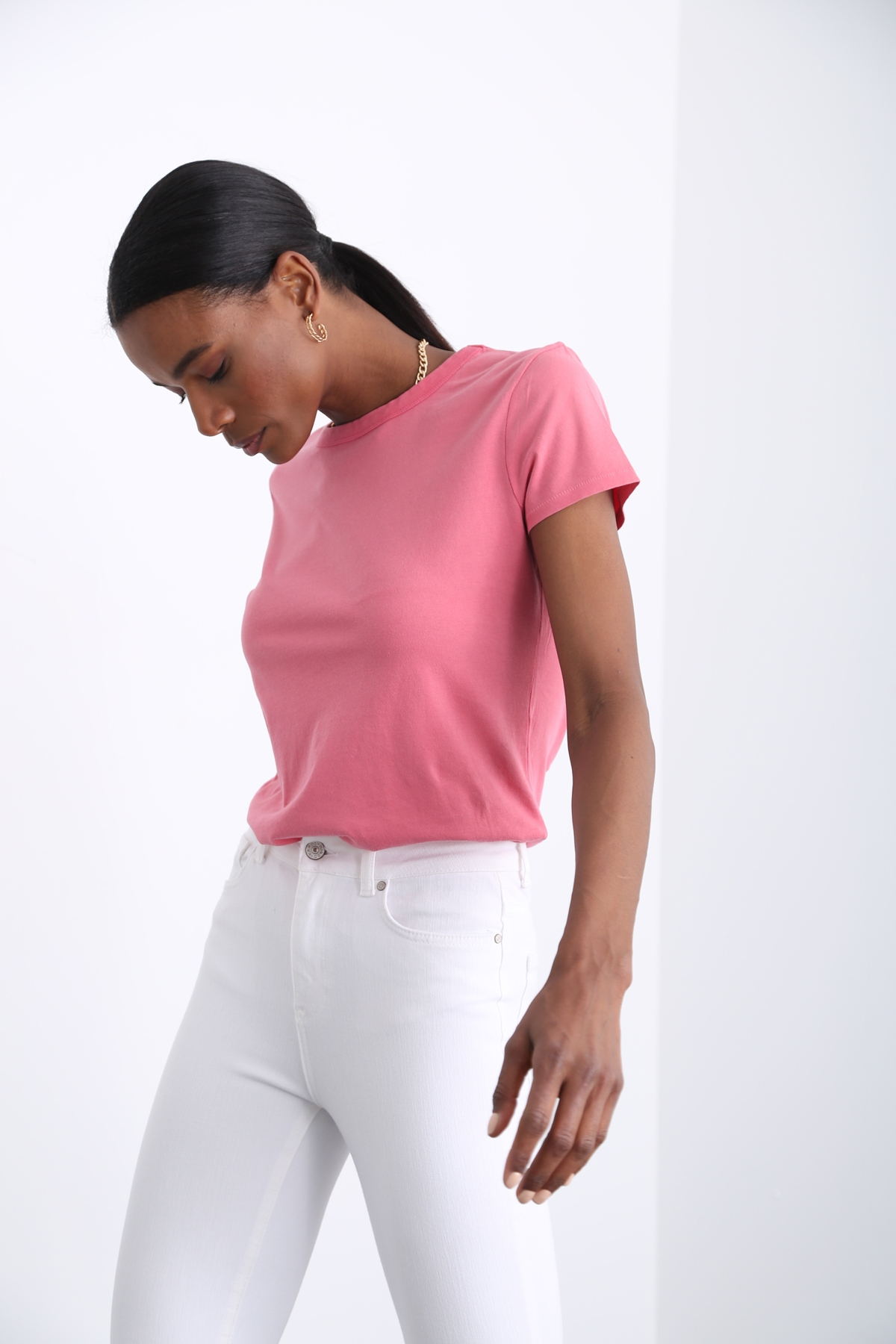 Yıkamalı Pembe Bisiklet Yaka Basic Tshirt 
