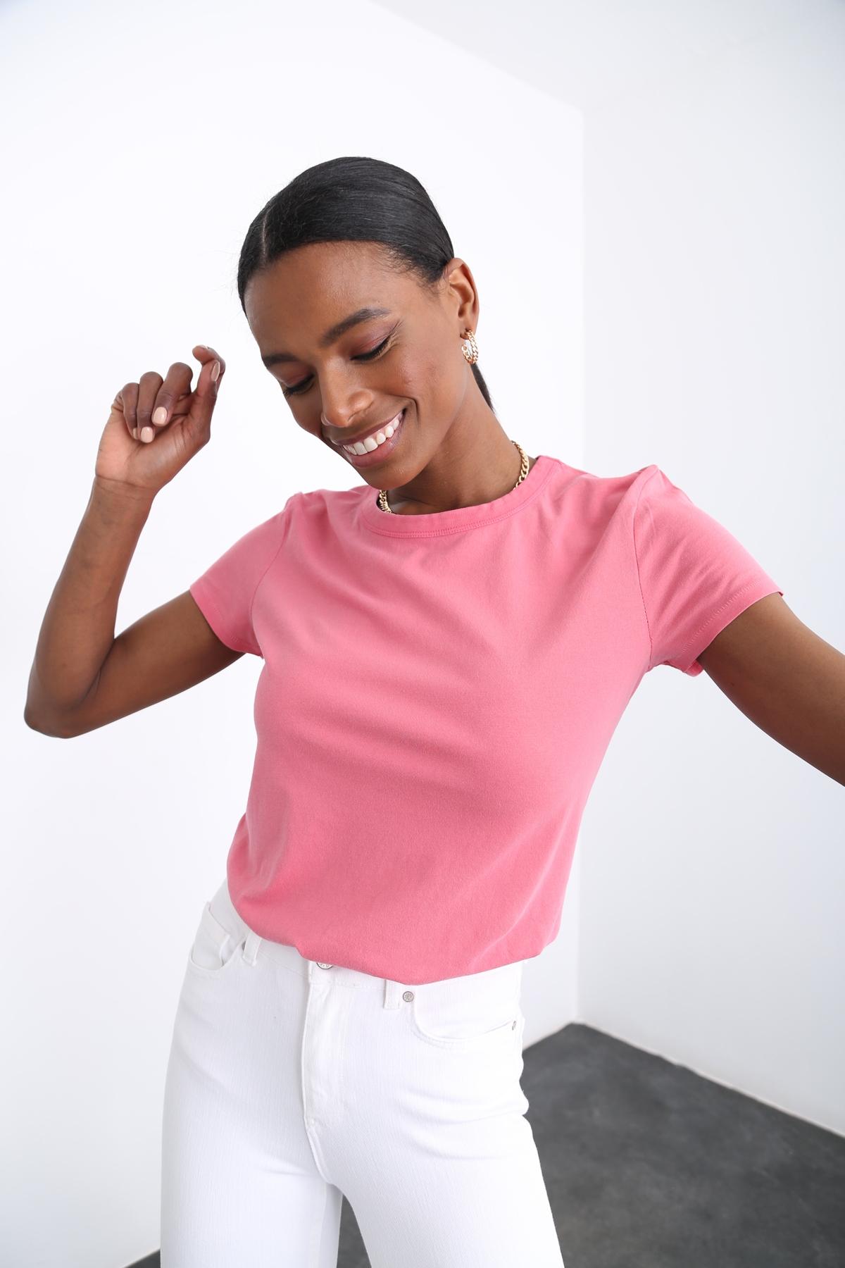 Yıkamalı Pembe Bisiklet Yaka Basic Tshirt 