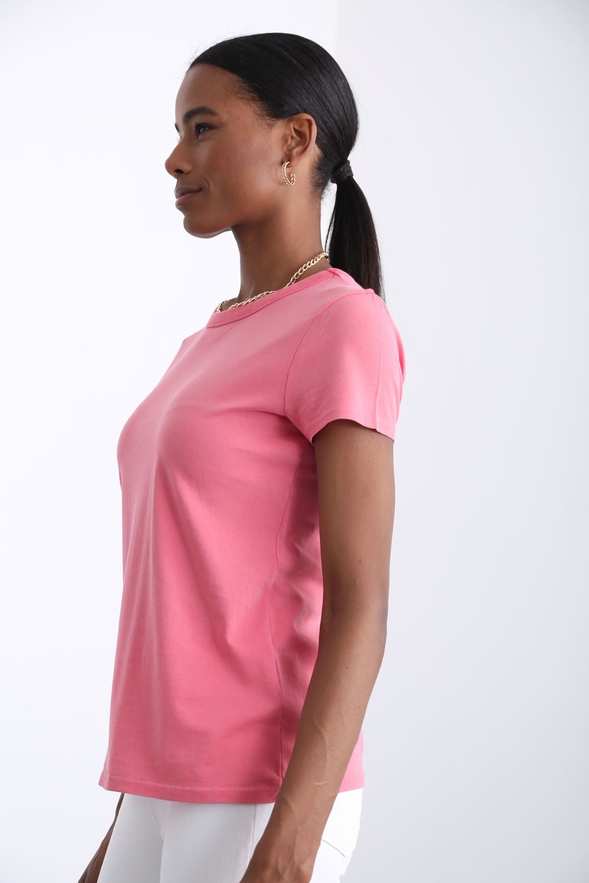 Yıkamalı Pembe Bisiklet Yaka Basic Tshirt 