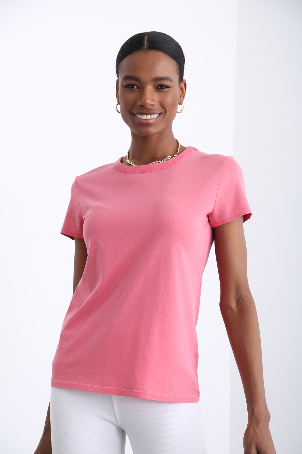 Yıkamalı Pembe Bisiklet Yaka Basic Tshirt 