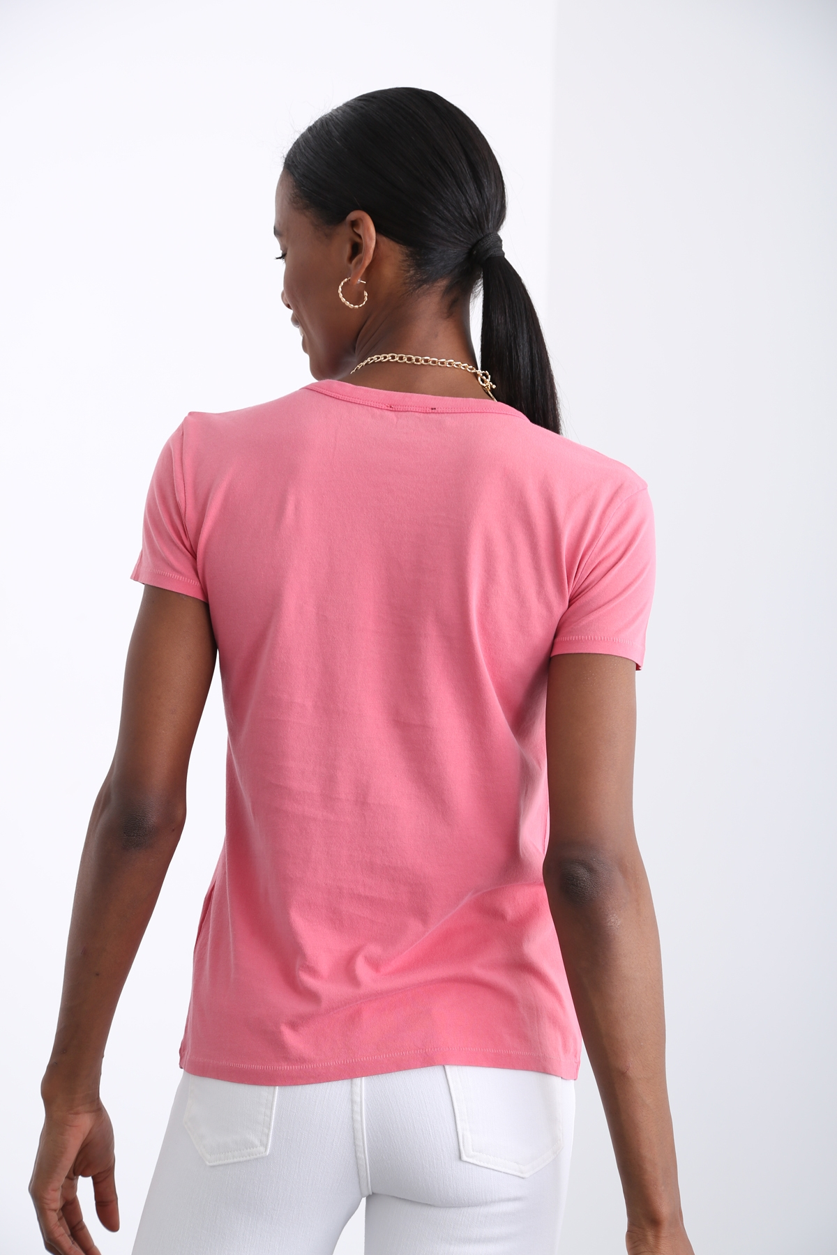 Yıkamalı Pembe Bisiklet Yaka Basic Tshirt 