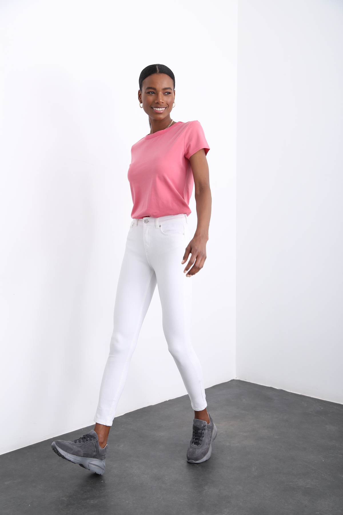 Yıkamalı Pembe Bisiklet Yaka Basic Tshirt 