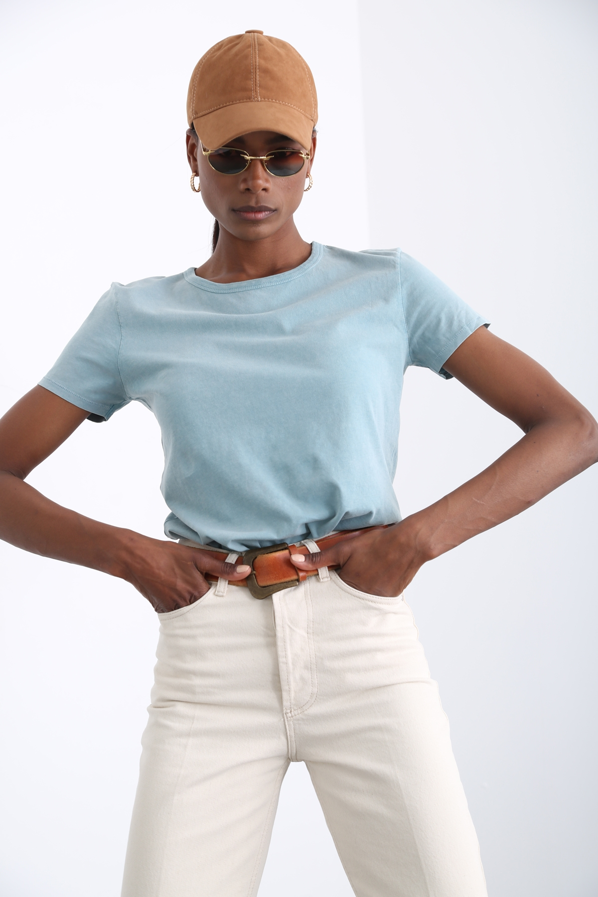 Yıkamalı Yeşil Bisiklet Yaka Basic Tshirt 