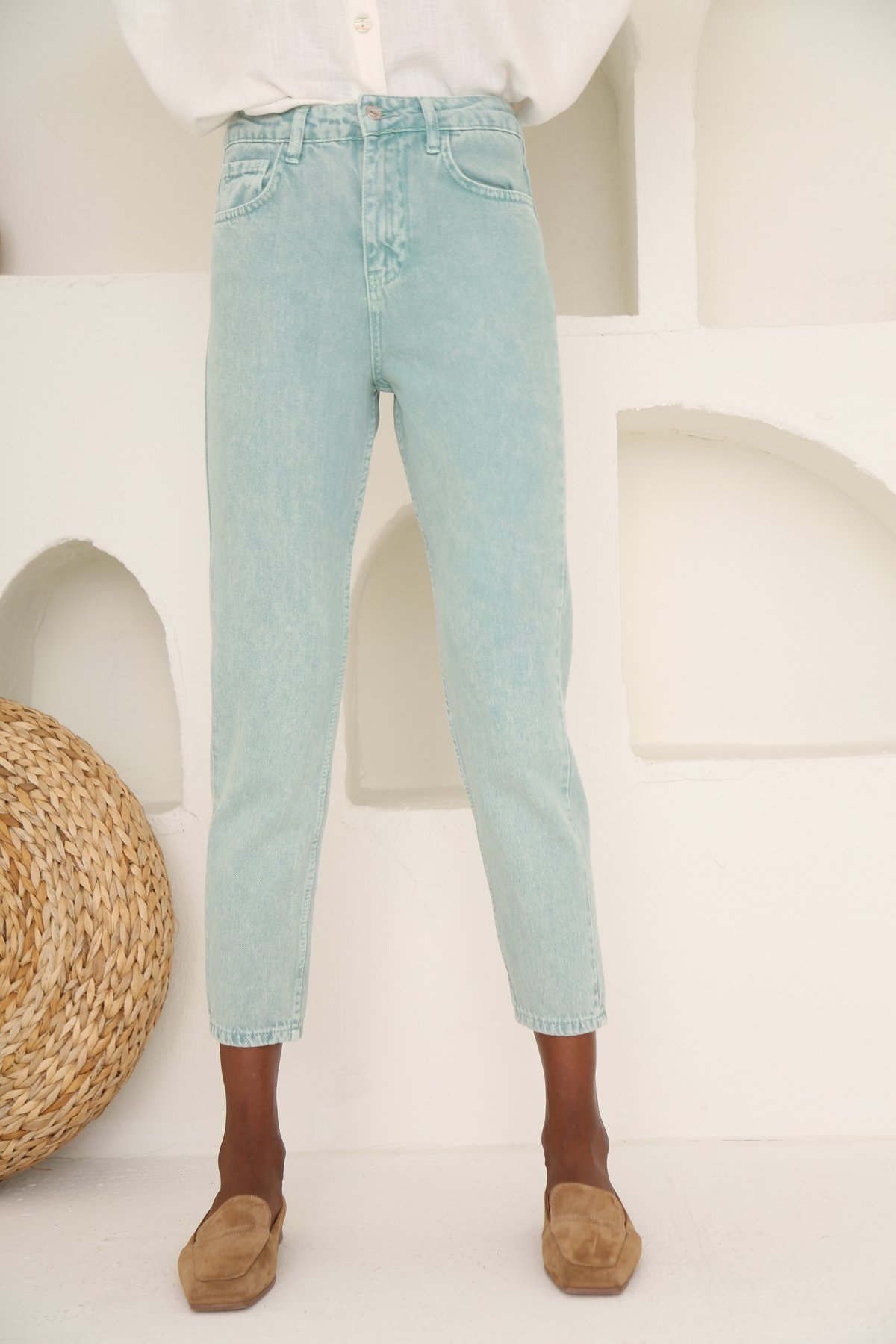 Yıkamalı Yeşil Yüksek Bel Mom Jean 50281
