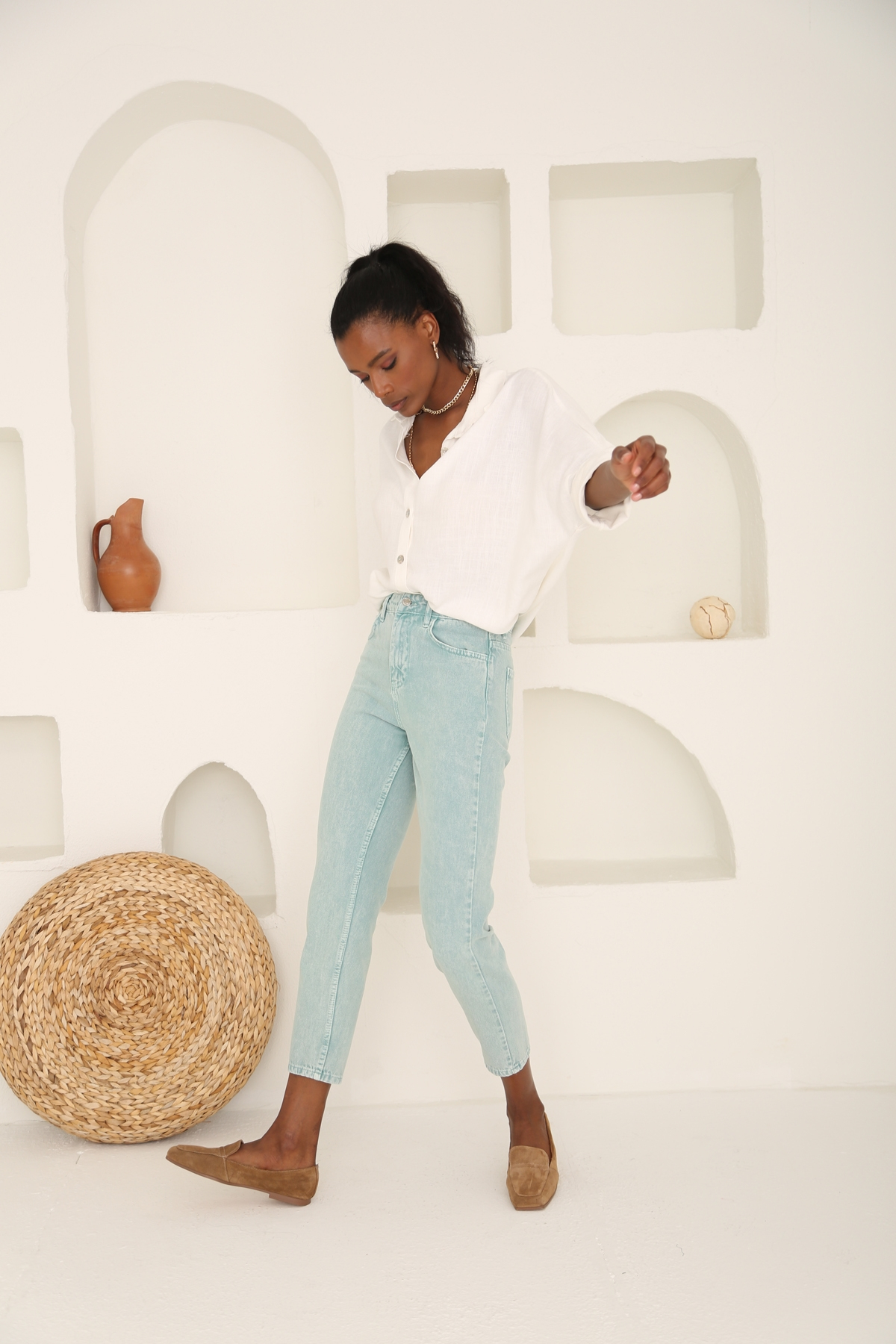 Yıkamalı Yeşil Yüksek Bel Mom Jean 50281