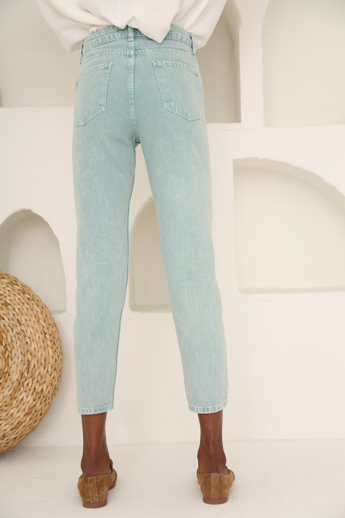 Yıkamalı Yeşil Yüksek Bel Mom Jean 50281