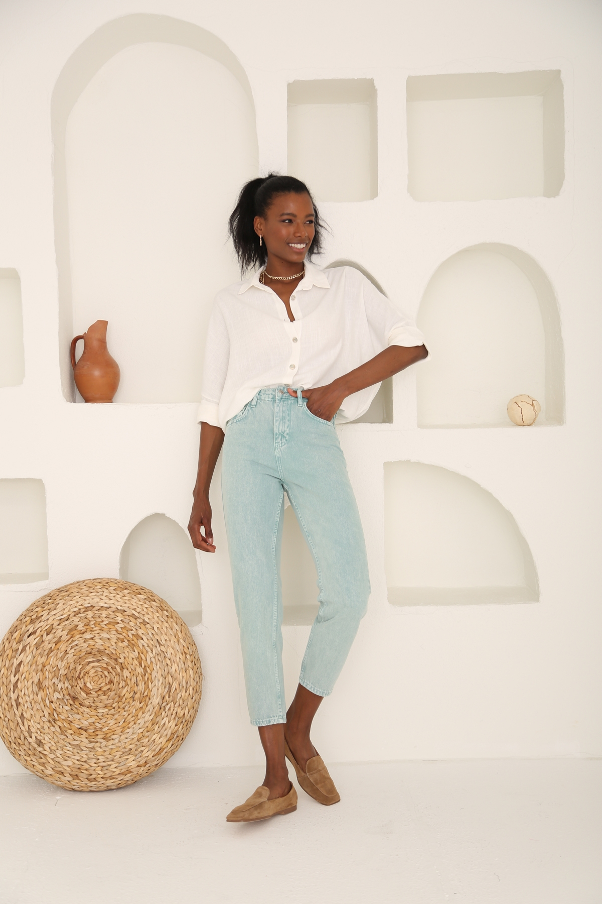 Yıkamalı Yeşil Yüksek Bel Mom Jean 50281