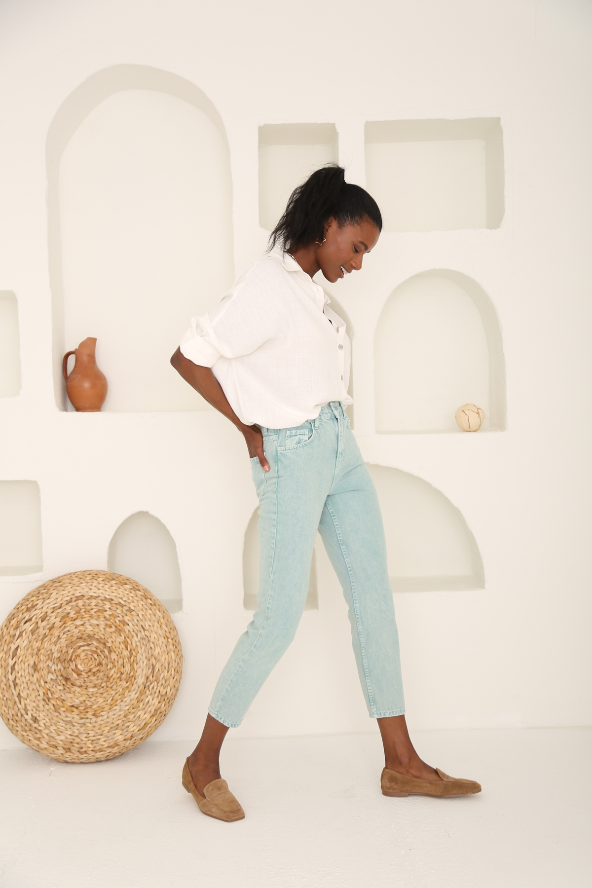Yıkamalı Yeşil Yüksek Bel Mom Jean 50281
