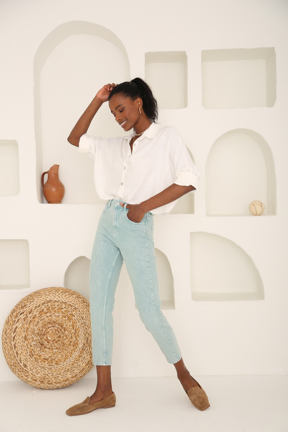 Yıkamalı Yeşil Yüksek Bel Mom Jean 50281