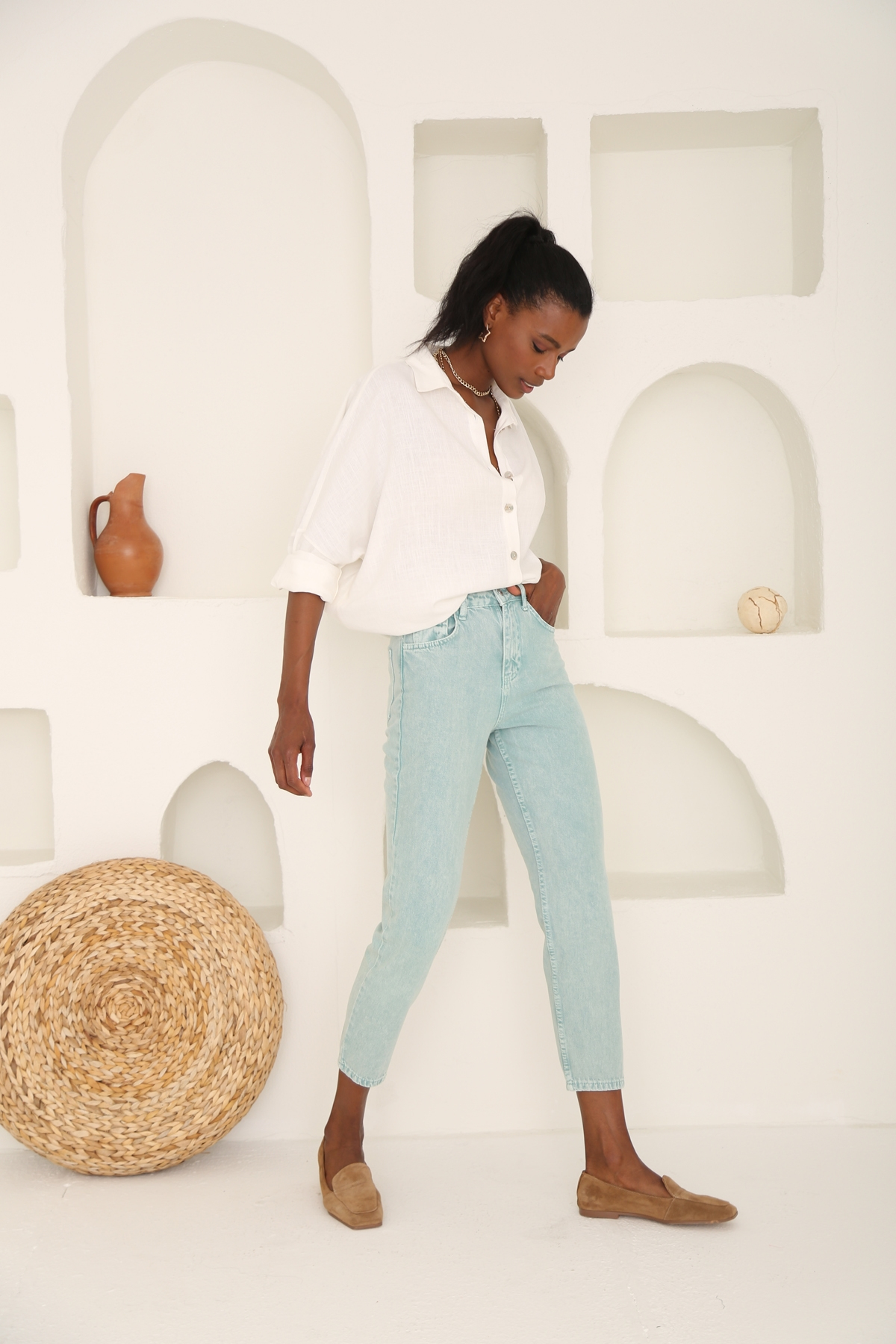 Yıkamalı Yeşil Yüksek Bel Mom Jean 50281