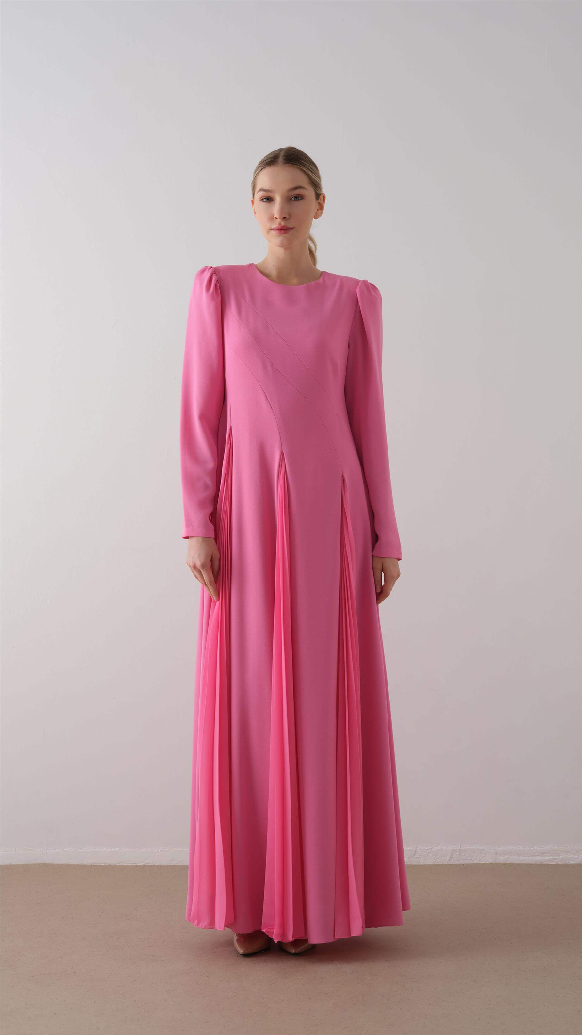 PARÇA PİLİSELİ KREP ŞİFON ELBİSE Pembe
