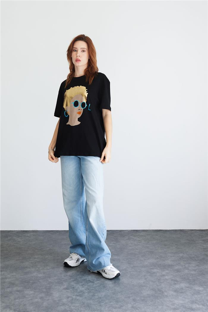 Avrile BASKILI  BASIC  T-SHIRT SİYAH A24-10246