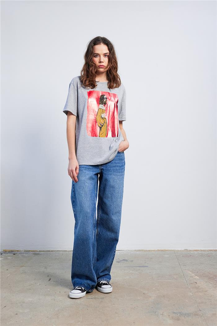 Avrile BASKILI BİSİKLET YAKALI T-SHIRT GRİ MA24-1056
