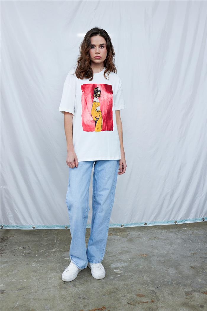 Avrile BASKILI BİSİKLET YAKALI T-SHIRT EKRU MA24-1056