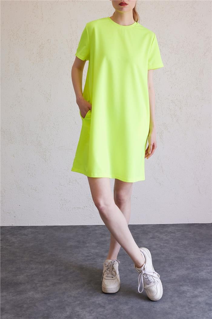 Avrile Bisiklet Yaka Basic Elbise NEON SARI A23-10222