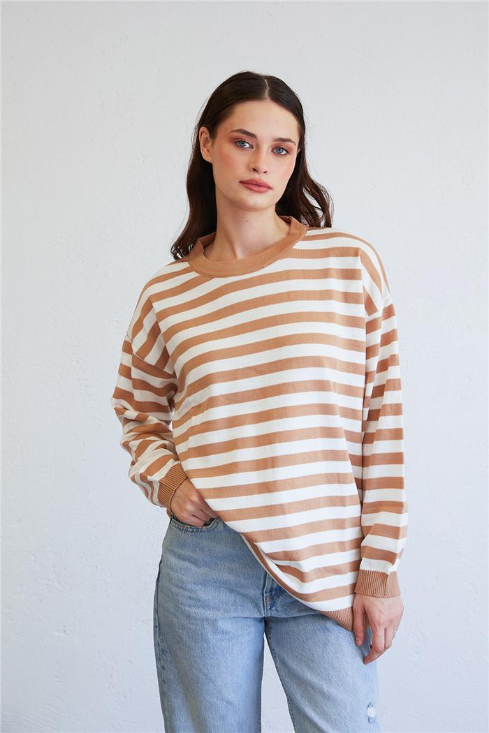 Avrile Çizgili Salaş Triko Kazak CAMEL A91823-S