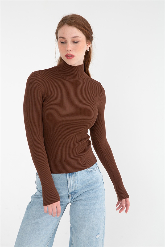 Avrile Dik Yaka Basic Triko Kazak KAHVE A92169-S