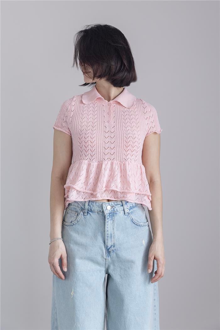Avrile FIRFIRLI POLO YAKA TRİKO BLUZ PEMBE A92658-S