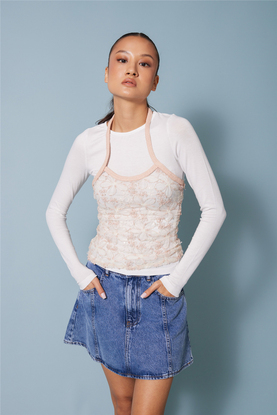 Avrile İŞLEMELİ TÜL DETAYLI UZUN KOLLU T-SHIRT PUDRA A25-10366