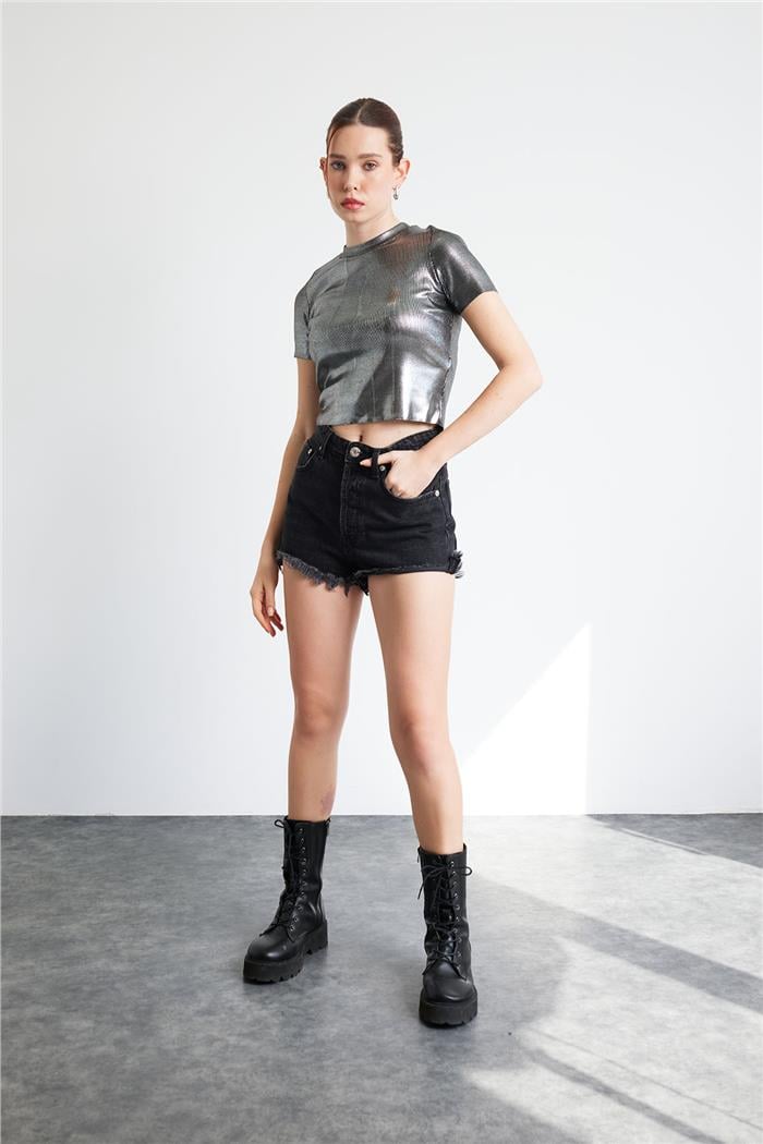 Avrile METALİK TRİKO T-SHIRT SİYAH A92508-S