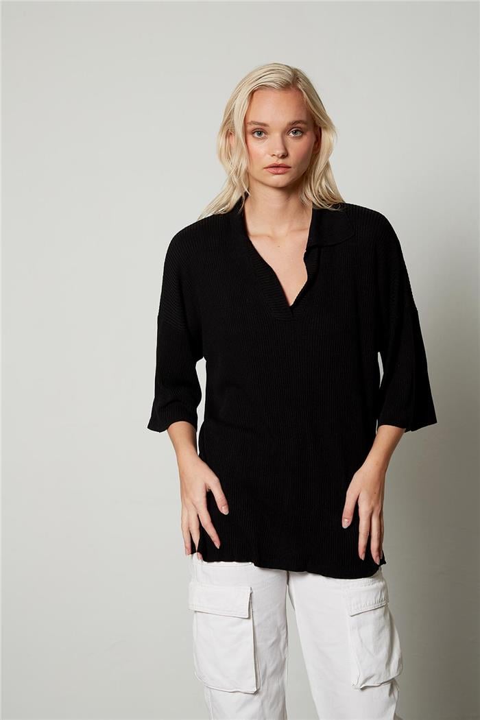 Avrile Polo Yaka Triko Bluz SİYAH A92305-S