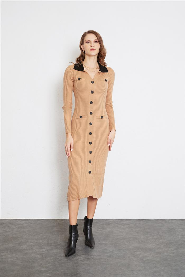 Avrile Polo Yaka Uzun Triko Elbise CAMEL-SİYAH A92414-S