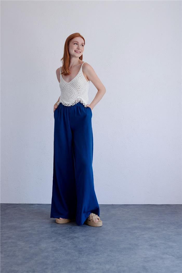 Nisan Beli Lastikli Bol Paça Pantolon LACİVERT N23-1601