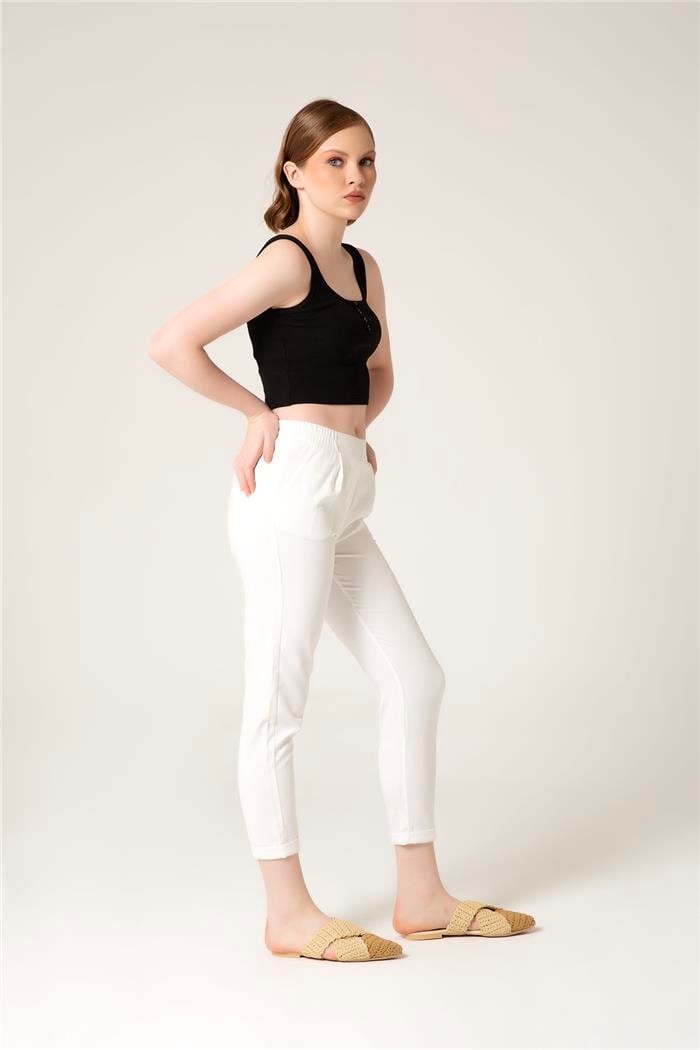 Nisan Beli Lastikli Duble Paça Pantolon EKRU P4508