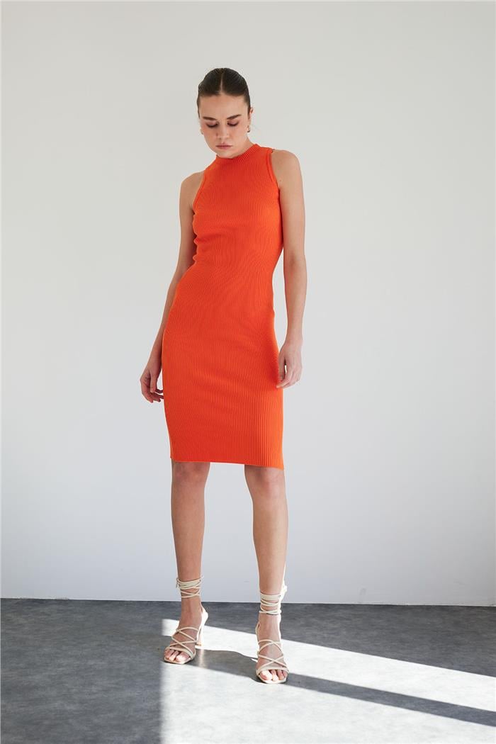 Nisan Bisiklet Yaka Basic Triko Elbise ORANJ TT4249-Z