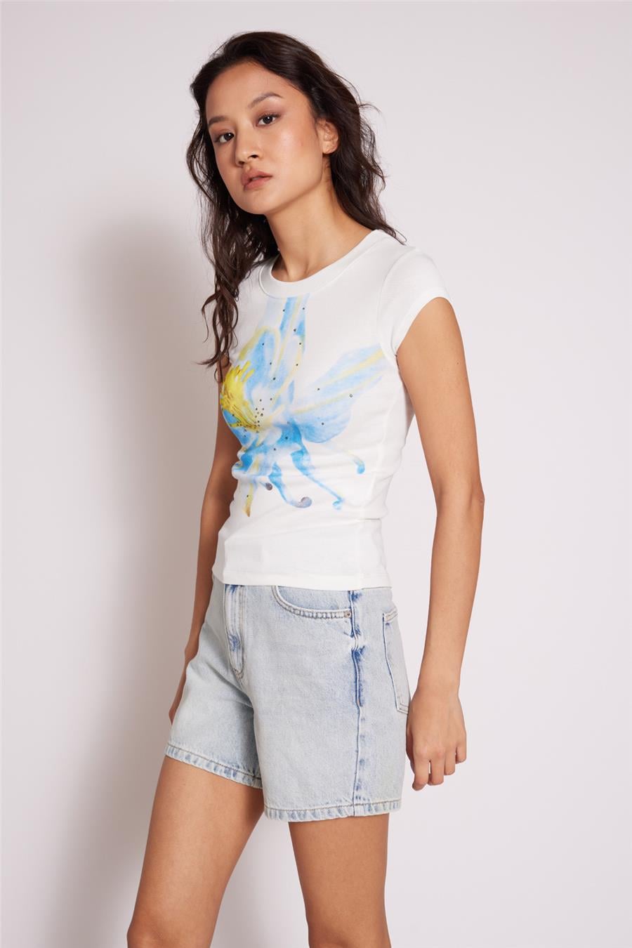Nisan ÇİÇEK BASKILI PAMUKLU T-SHIRT EKRU N26-2419