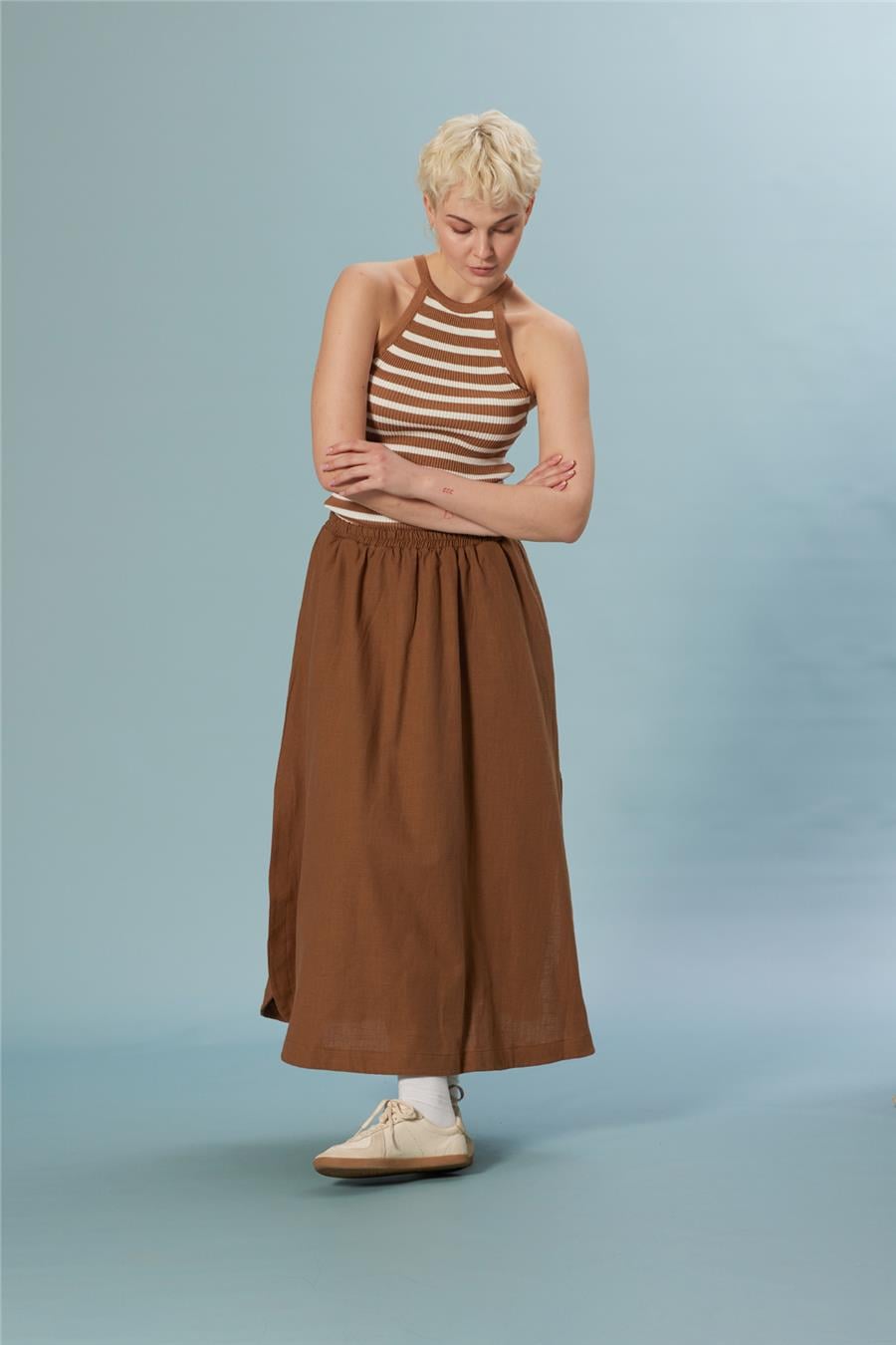 Nisan ÇİZGİLİ TRİKO ELBİSE CAMEL TT4704-Z
