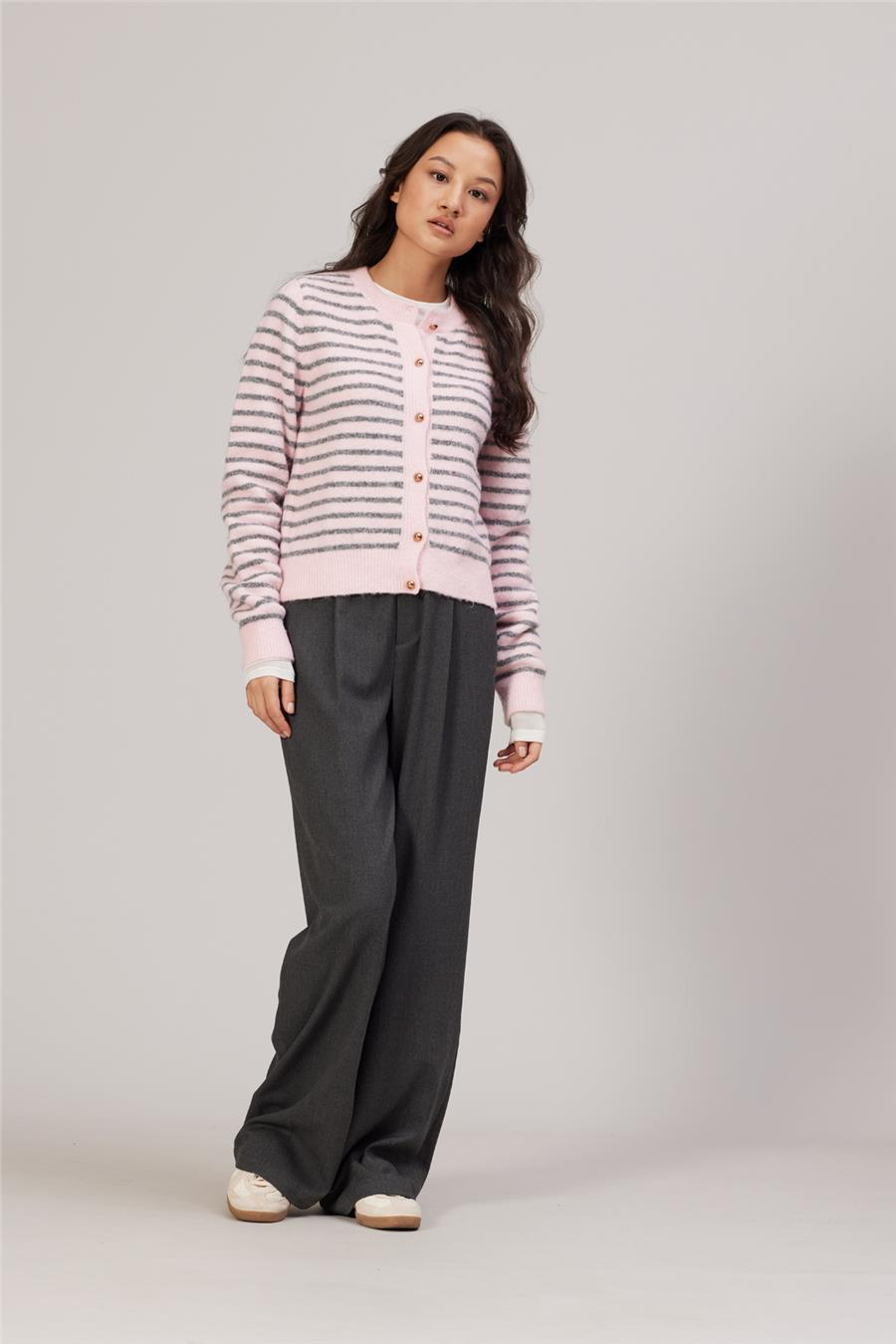 Nisan ÇİZGİLİ TRİKO HIRKA PEMBE-GRİ TT4682-Z