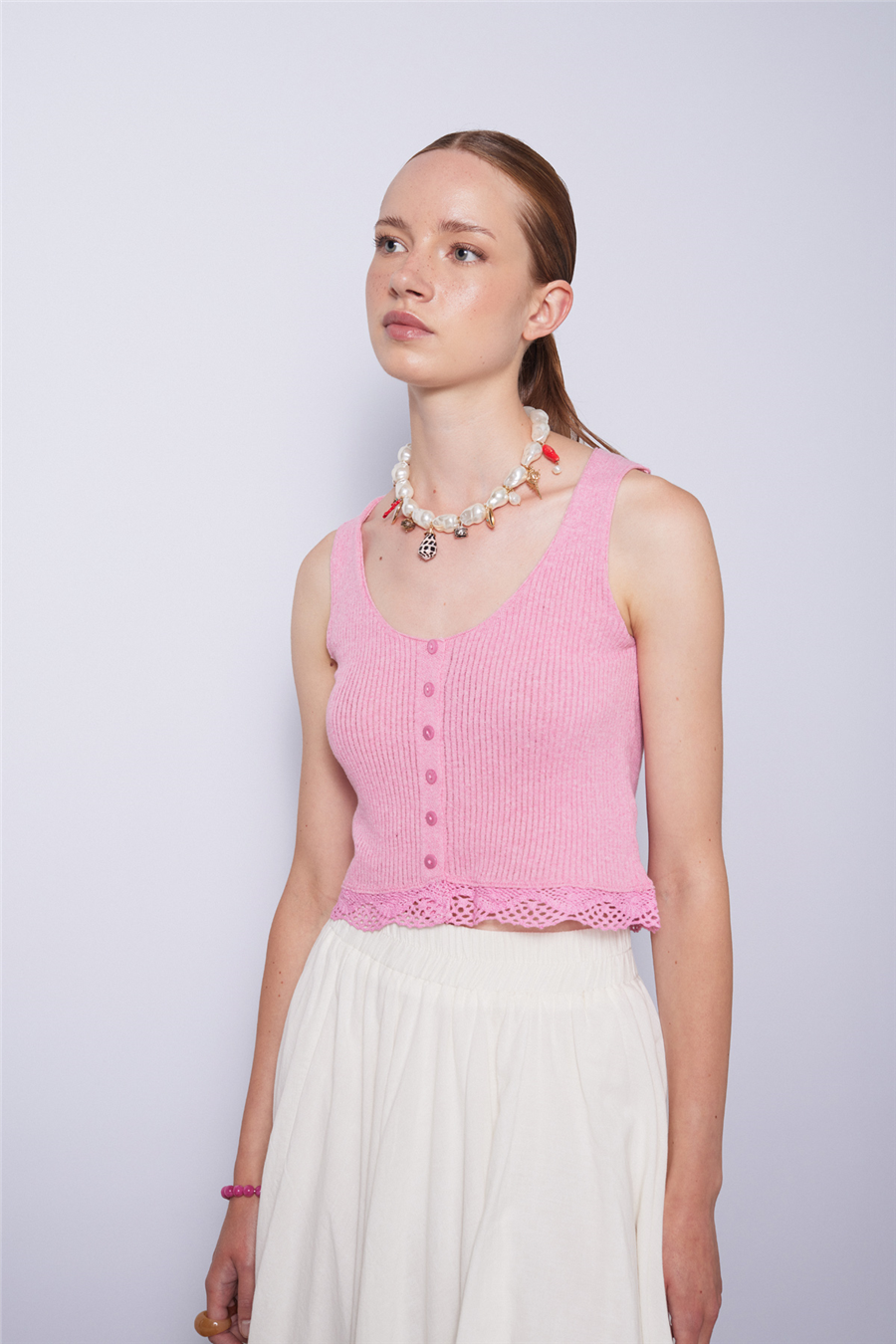 Nisan DANTEL DETAYLI DÜĞMELİ TRİKO TOP PEMBE TT4809-Z