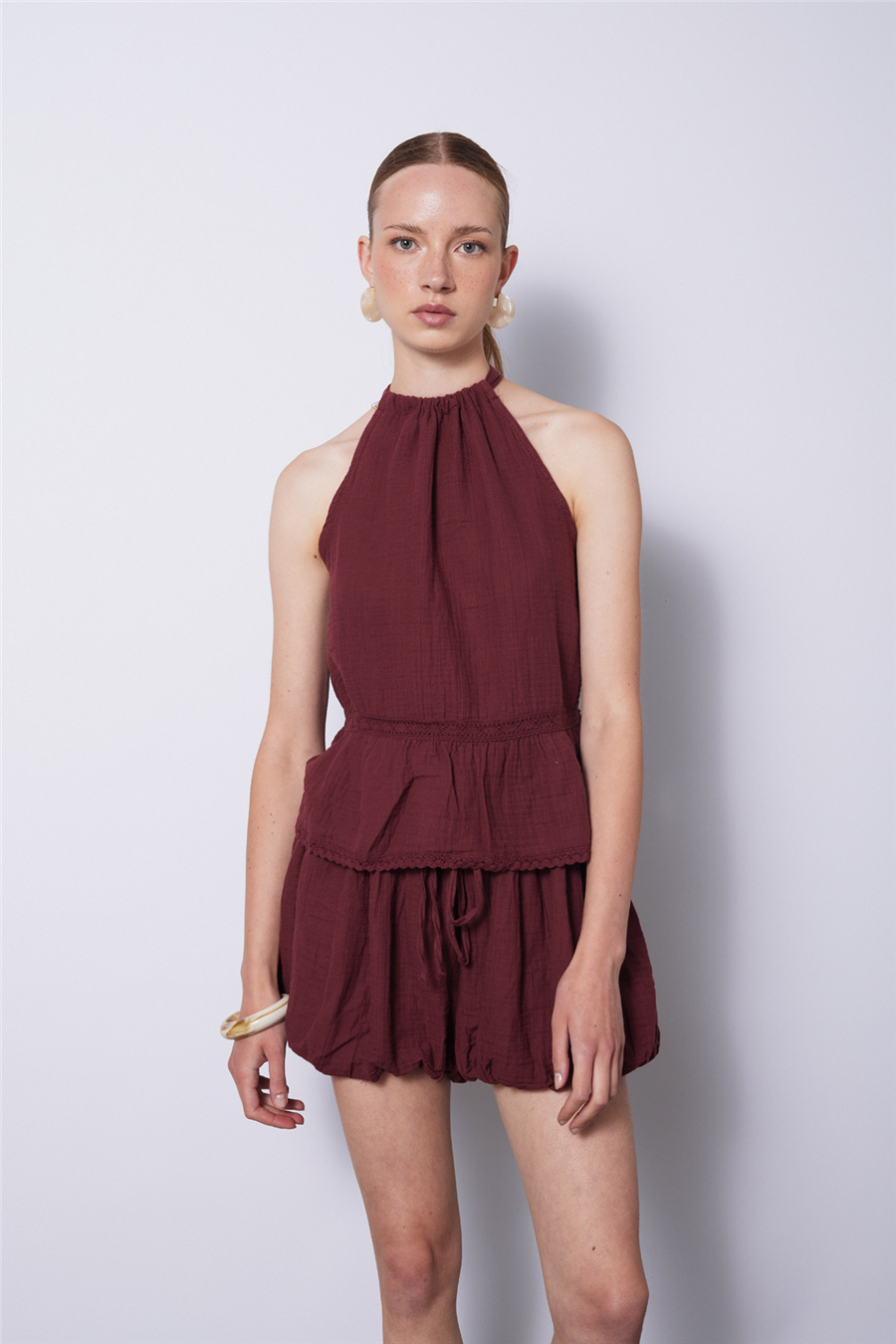Nisan DANTEL DETAYLI MÜSLİN TOP BORDO N26-2307