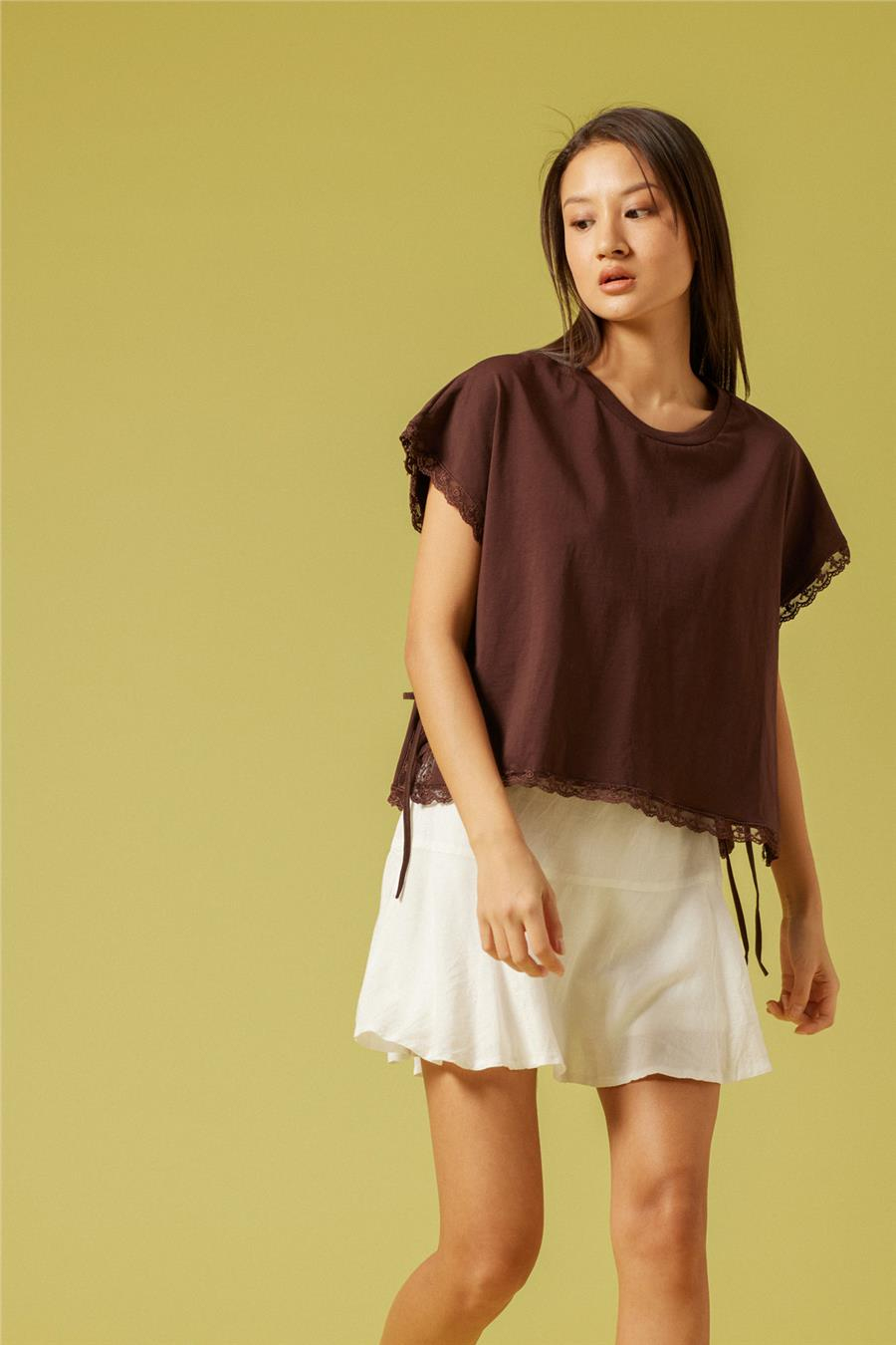 Nisan DANTEL DETAYLI PAMUKLU T-SHIRT KAHVE N26-2253