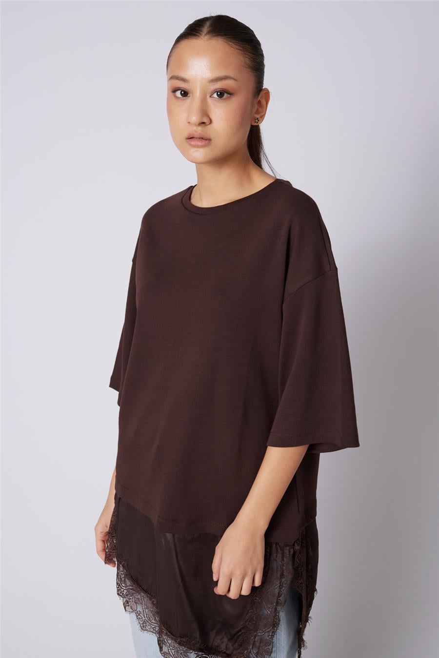 Nisan DANTELLİ KOMBİNE T-SHIRT KAHVE N26-2315