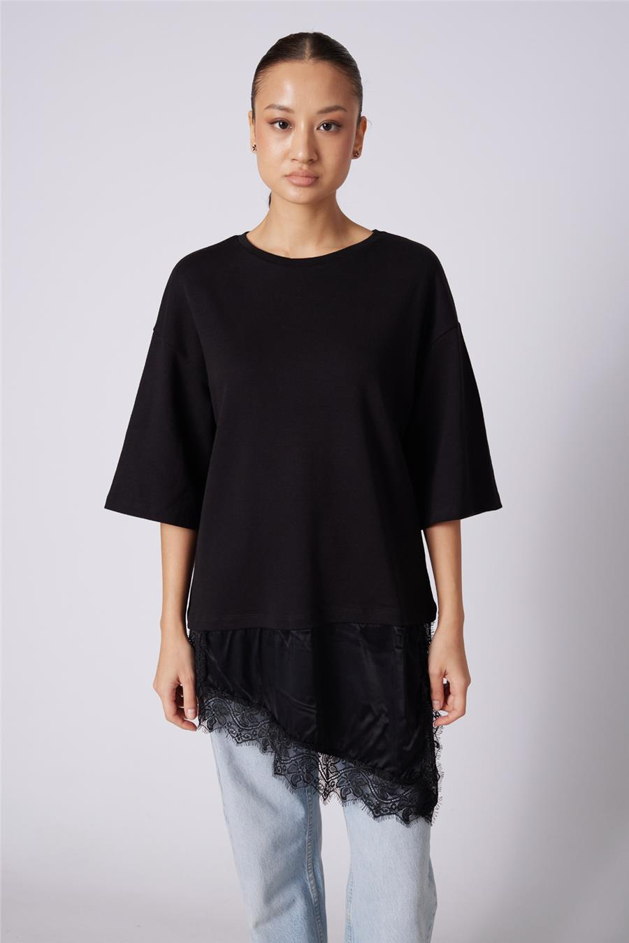 Nisan DANTELLİ KOMBİNE T-SHIRT SİYAH N26-2315