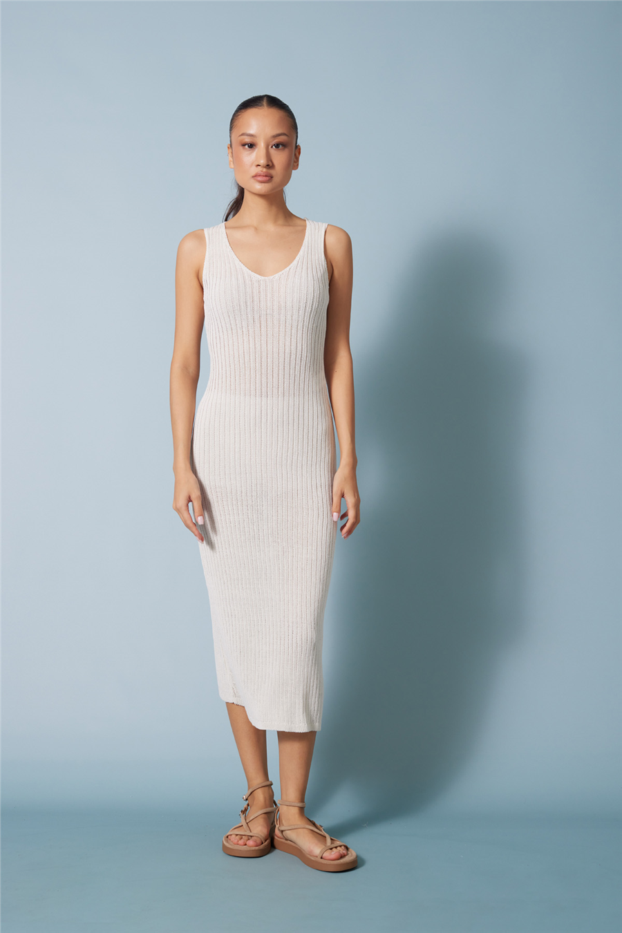 Nisan FİTİLLİ V YAKA TRİKO MAXİ ELBİSE EKRU TT4811-Z