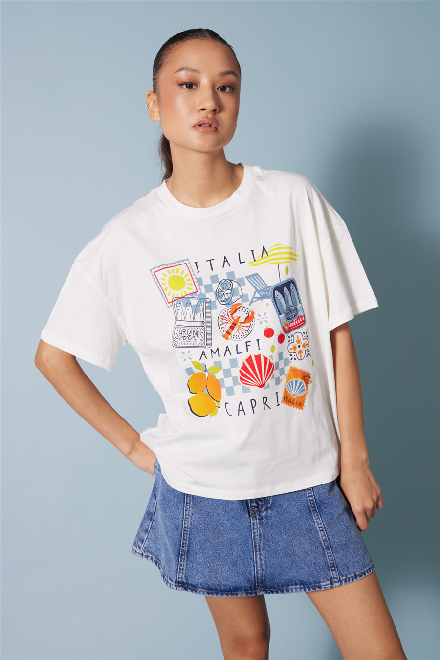 Nisan ITALIA BASKILI KISA KOLLU T-SHIRT EKRU N26-2430
