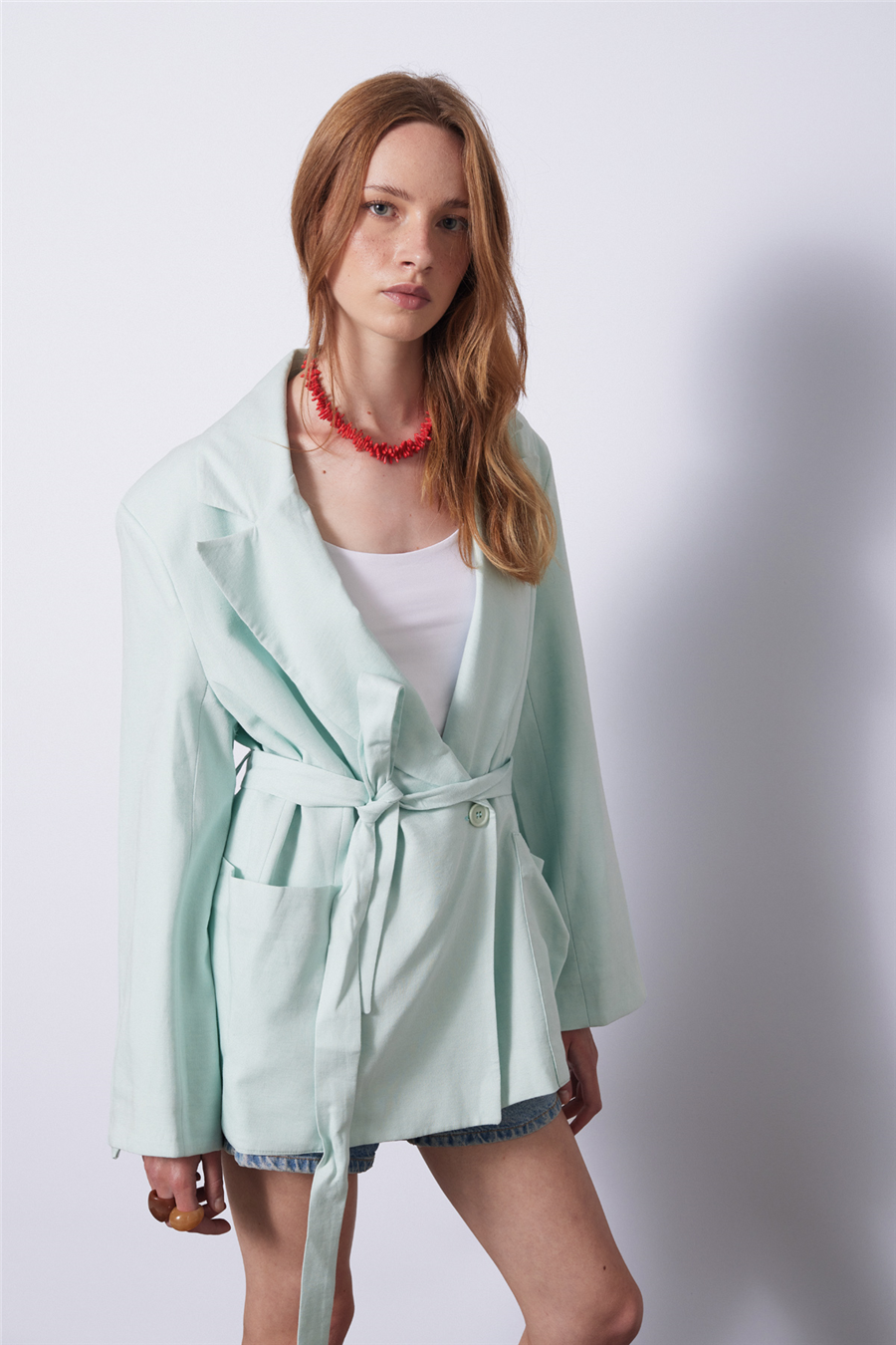Nisan KETEN KARIŞIMLI KUŞAKLI BLAZER CEKET MİNT N26-2295